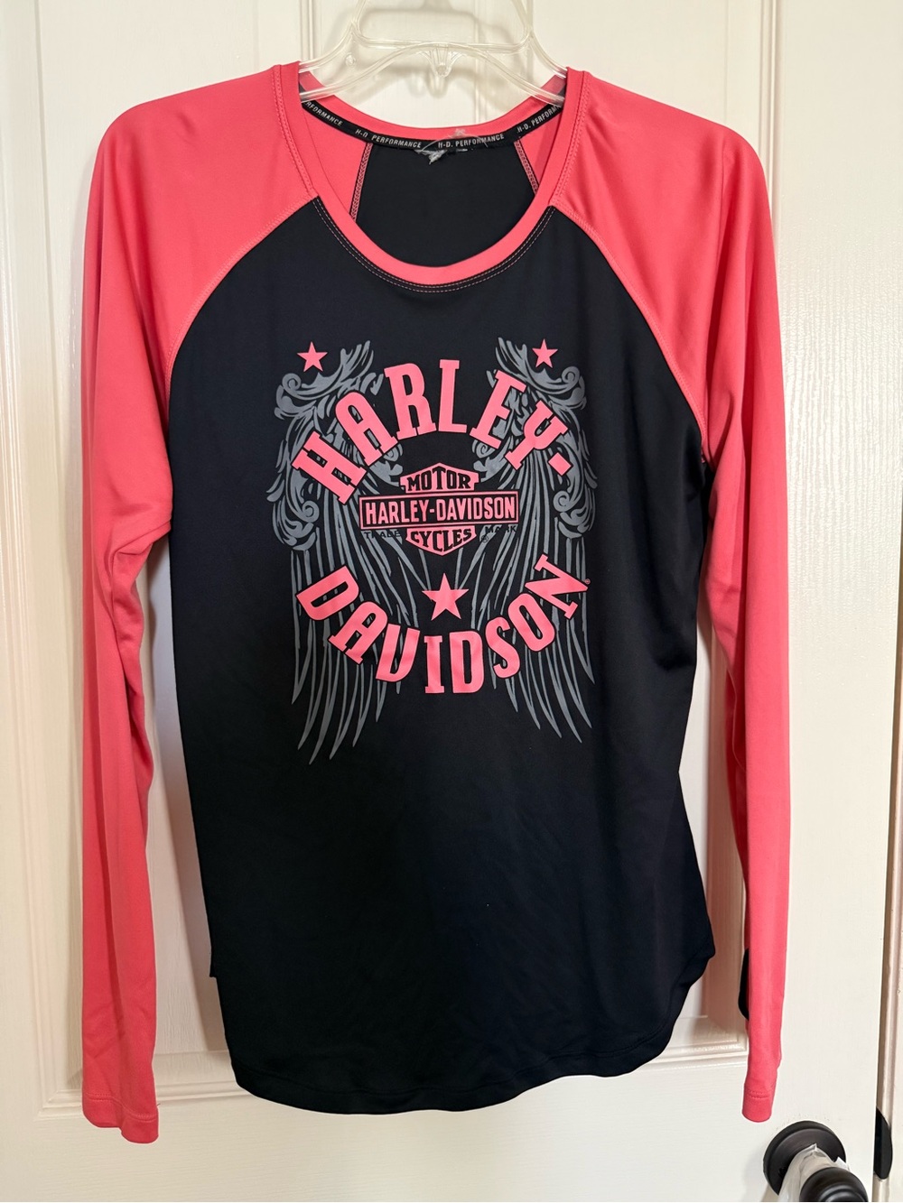 Harley-Davidson Black Top with Coral Raglan Sleeves & Logo